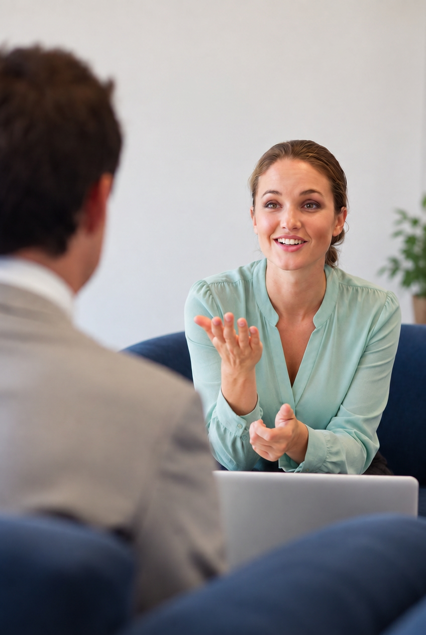 HR-consultant in gesprek met een klant, met het logo van Mees Consulting